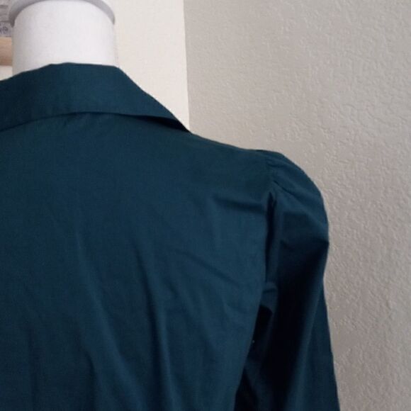 Worthington Stretch Long Sleeve Button down Ruffle Shirt. Zenith Teal-Small - Picture 5 of 7